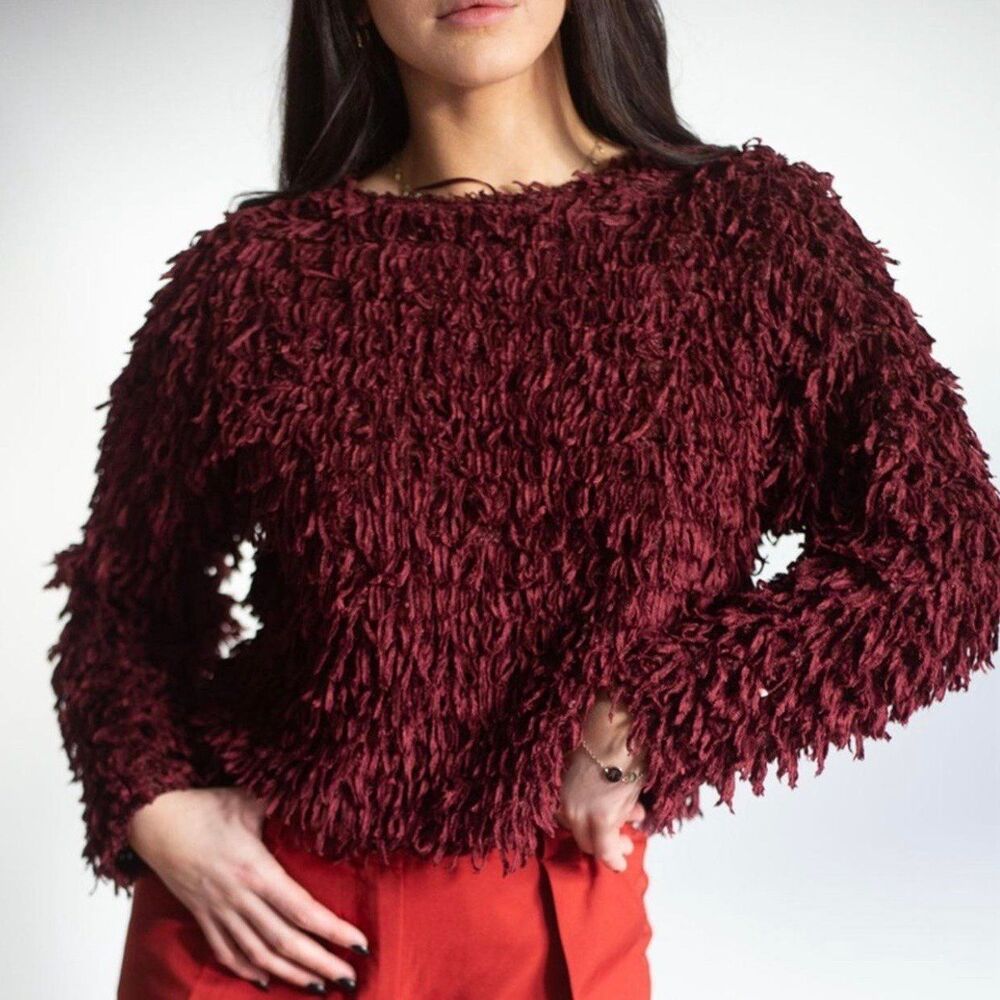 EST. 1946 Burgundy maroon faux fur fuzzy shaggy sweater